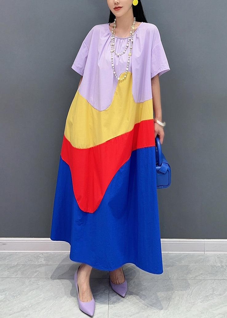 Loose Purple O Neck Patchwork Cotton Long Dress Summer