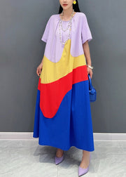 Loose Purple O Neck Patchwork Cotton Long Dress Summer