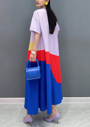 Loose Purple O Neck Patchwork Cotton Long Dress Summer