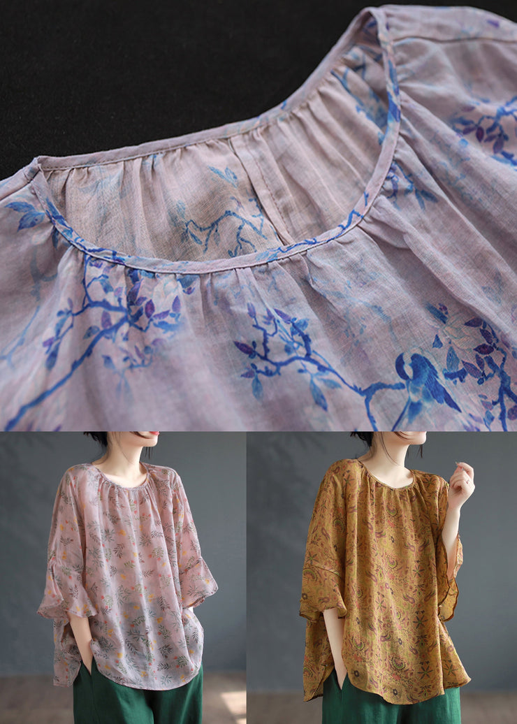 Loose Purple O Neck Print Linen Blouse Tops Summer