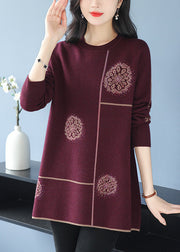 Loose Purple O Neck Zircon Woolen Knit Mid Dress Spring