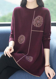 Loose Purple O Neck Zircon Woolen Knit Mid Dress Spring