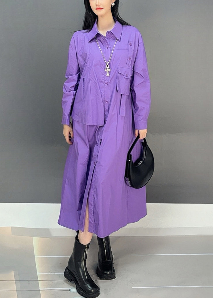 Loose Purple Peter Pan Collar Button Cotton Shirts Dress Fall