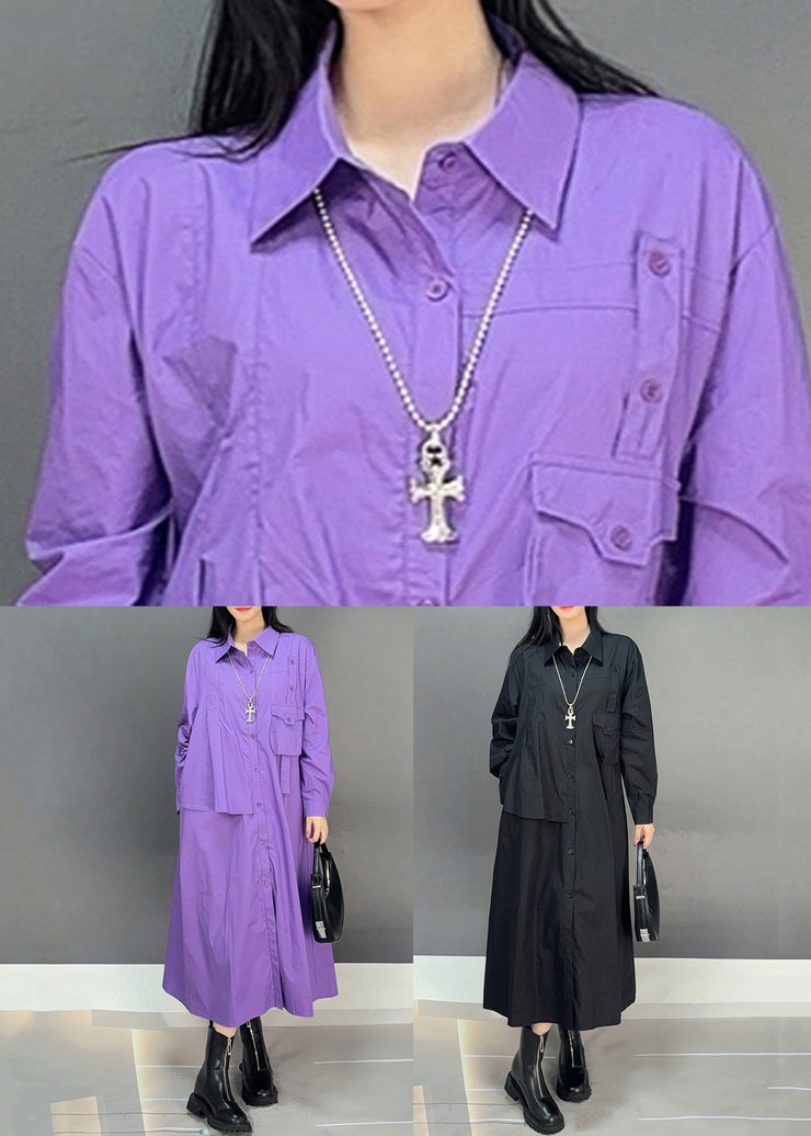 Loose Purple Peter Pan Collar Button Cotton Shirts Dress Fall