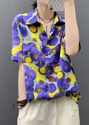 Loose Purple Peter Pan Collar Dot Cotton Shirts Summer