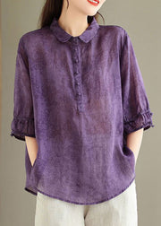 Loose Purple Peter Pan Collar Print Linen Blouses Half Sleeve