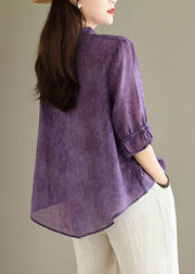 Loose Purple Peter Pan Collar Print Linen Blouses Half Sleeve