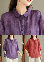 Loose Purple Peter Pan Collar Print Linen Blouses Half Sleeve