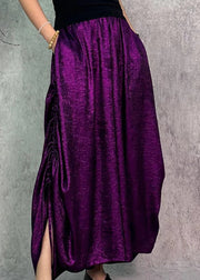 Loose Purple Pockets Elastic Waist Drawstring Silk Wide Leg Pants Fall