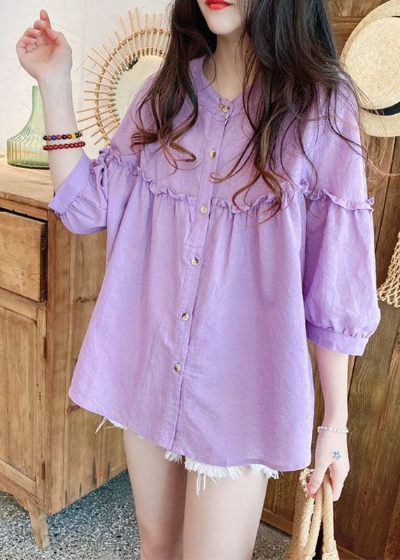 Loose Purple Ruffled Button Patchwork Linen Shirt Spring