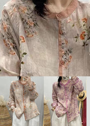 Loose Purple Stand Collar Print Patchwork Linen Shirts Fall