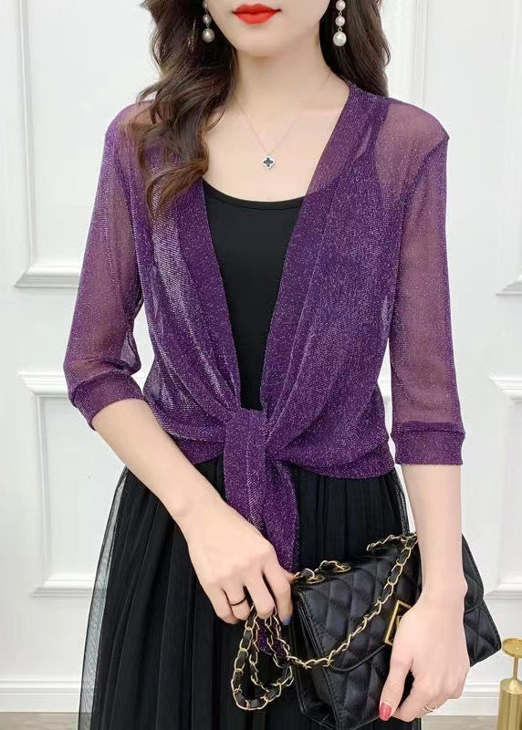 Loose Purple V Neck Bright Silk Tulle Cardigans Summer