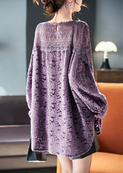 Loose Purple V Neck Nail Bead Hollow Out Lace Top Spring