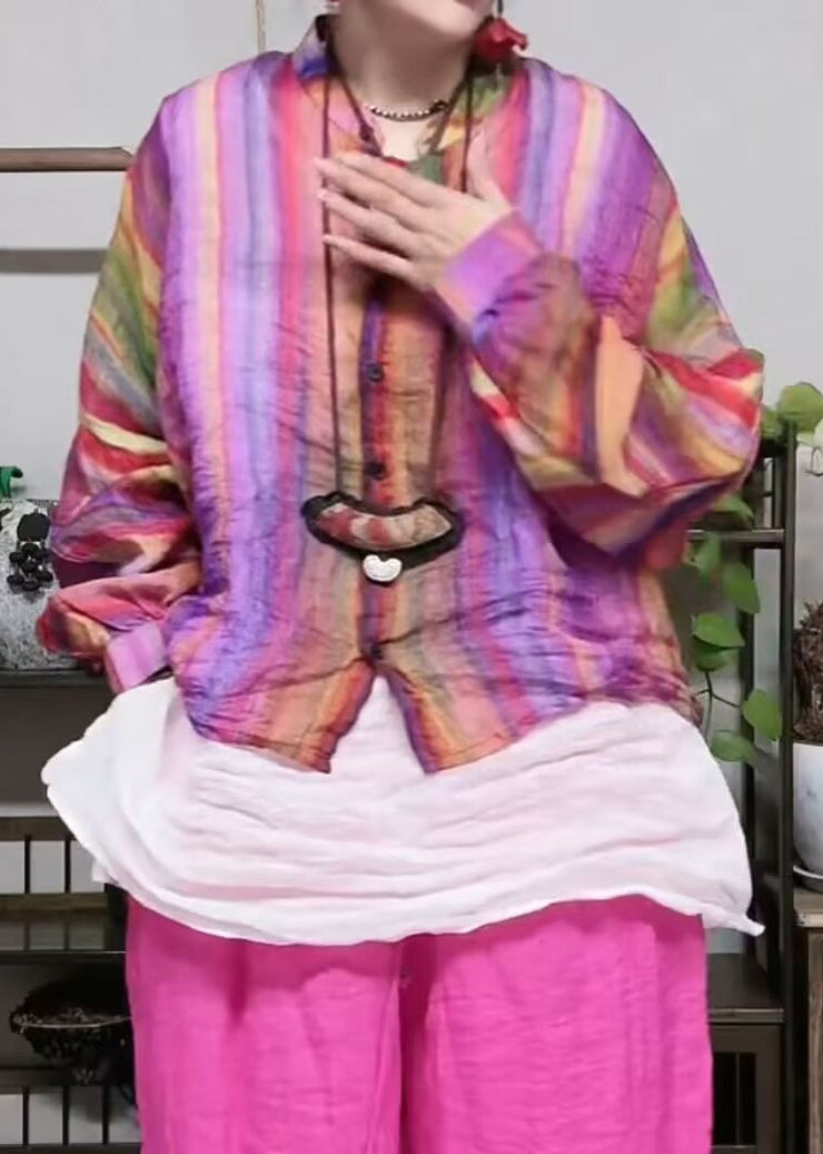 Loose Rainbow Button Print Linen Shirt Long Sleeve