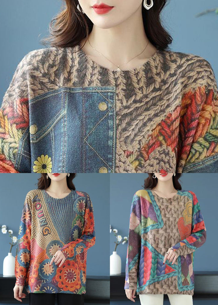 Loose Rainbow O Neck Print Patchwork Wool Knit Tops Spring