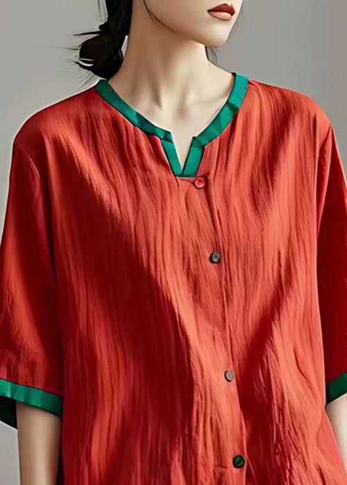 Loose Red Button Solid Cotton Blouses Half Sleeve