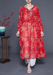 Loose Red Cinched Patchwork Print Chiffon Maxi Dress Spring