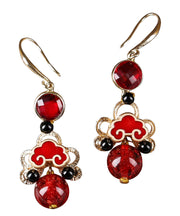 Loose Red Copper Glaze Black Agate Cloisonne Drop Earrings