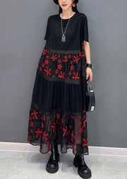 Loose Red Embroidered Patchwork Cotton Long Dress Summer