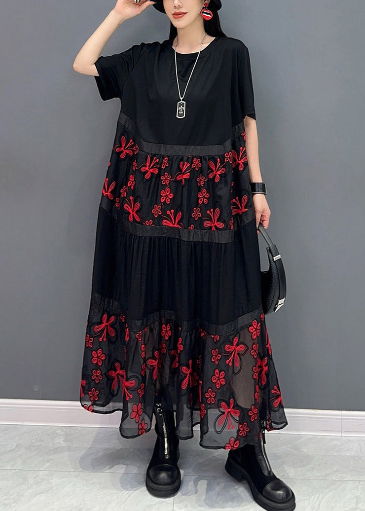 Loose Red Embroidered Patchwork Cotton Long Dress Summer