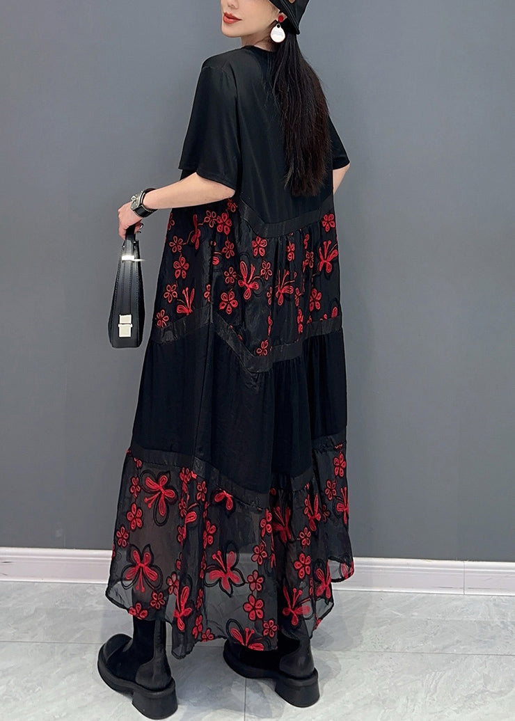 Loose Red Embroidered Patchwork Cotton Long Dress Summer