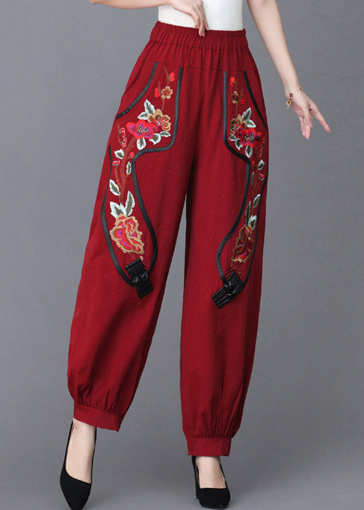 Loose Red Embroideried Floral Pockets  Linen Lantern Pants Fall