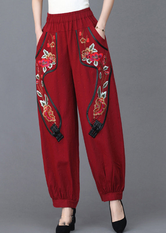 Loose Red Embroideried Floral Pockets  Linen Lantern Pants Fall