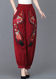 Loose Red Embroideried Floral Pockets  Linen Lantern Pants Fall