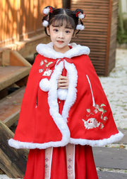 Loose Red Embroideried Kids Hooded Cloak Winter