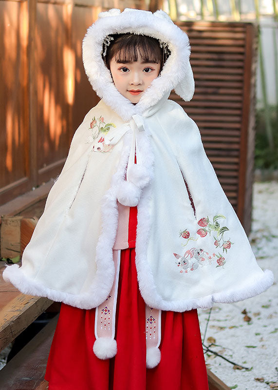 Loose Red Embroideried Kids Hooded Cloak Winter