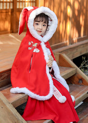 Loose Red Embroideried Kids Hooded Cloak Winter