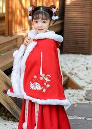 Loose Red Embroideried Kids Hooded Cloak Winter