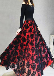 Loose Red Flocking Floral Exra Large Hem Tulle Skirts Spring