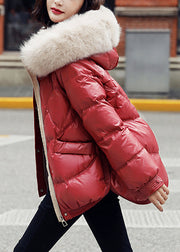 Loose Red Fur Collar Hooded Duck Down Coats Winter