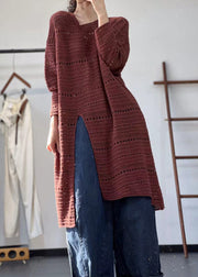 Loose Red Hollow Out Side Open Knit Long Top Fall