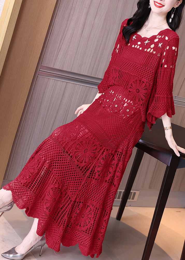 Loose Red Hollow Out Tops And Skirts Knit Two Pieces Set Flare Sleeve