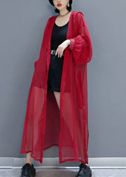 Loose Red Hooded Button Pockets Tulle UPF 50+ Coat Long Sleeve