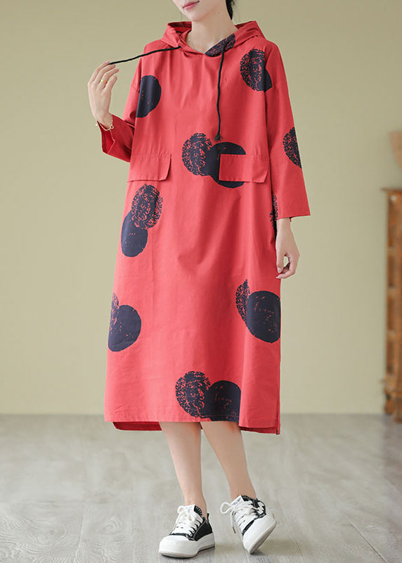 Loose Red Hooded Dot Print Cotton Dress Fall