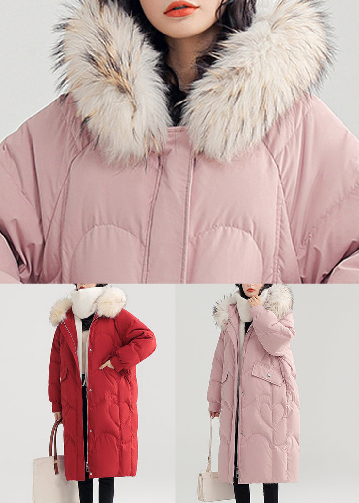 Loose Red Hooded Pockets Patchwork Duck Down Long Coats Winter