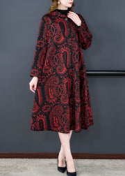 Loose Red Hooded Print Pockets Patchwork Cotton Long Coats Fall