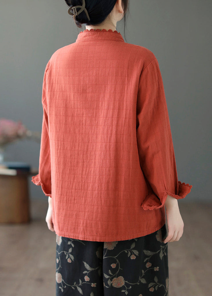 Loose Red Lace Button Pockets Cotton Blouses Spring