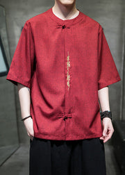 Loose Red O Neck Button Linen Men T Shirts Summer