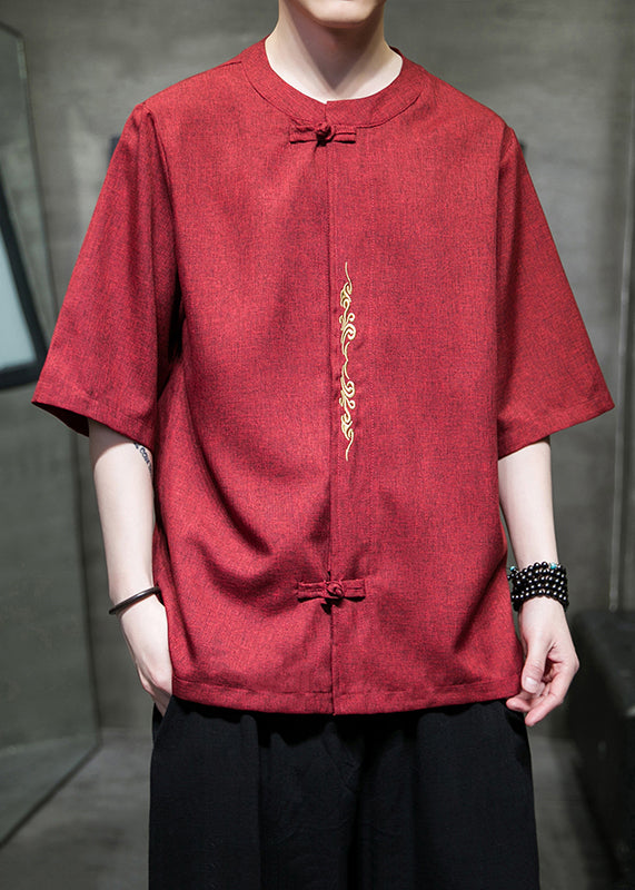 Loose Red O Neck Button Linen Men T Shirts Summer