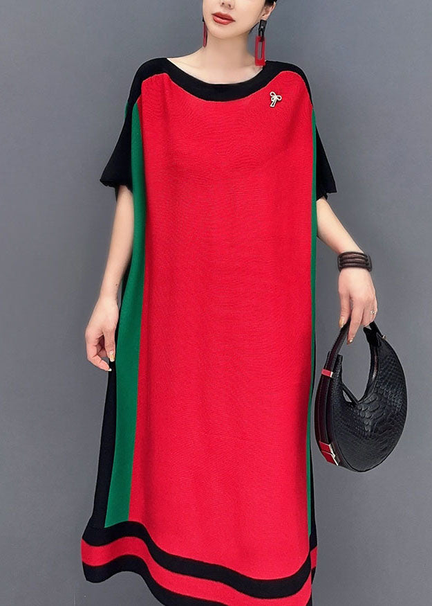 Loose Red O-Neck Knit Sweater Dresses Short Sleeve