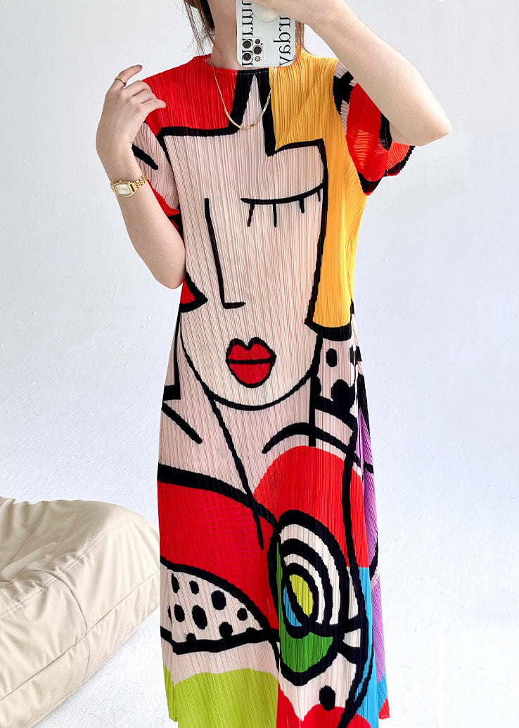 Loose Red O Neck Print Cotton Long Dresses Summer