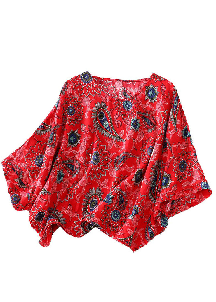 Loose Red O Neck Print Patchwork Cotton T Shirts Batwing Sleeve