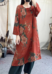 Loose Red O Neck Print Pockets Cotton Dresses Spring