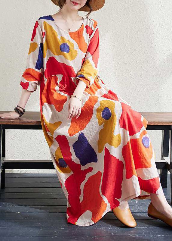 Loose Red O-Neck Print Wrinkled Long Dresses Long Sleeve