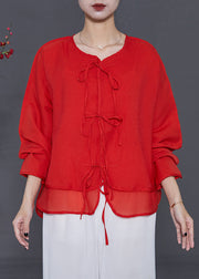 Loose Red Patchwork Lace Up Chiffon Shirt Top Summer