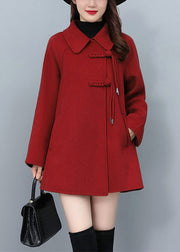 Loose Red Peter Pan Collar Button Pockets Woolen Coats Fall